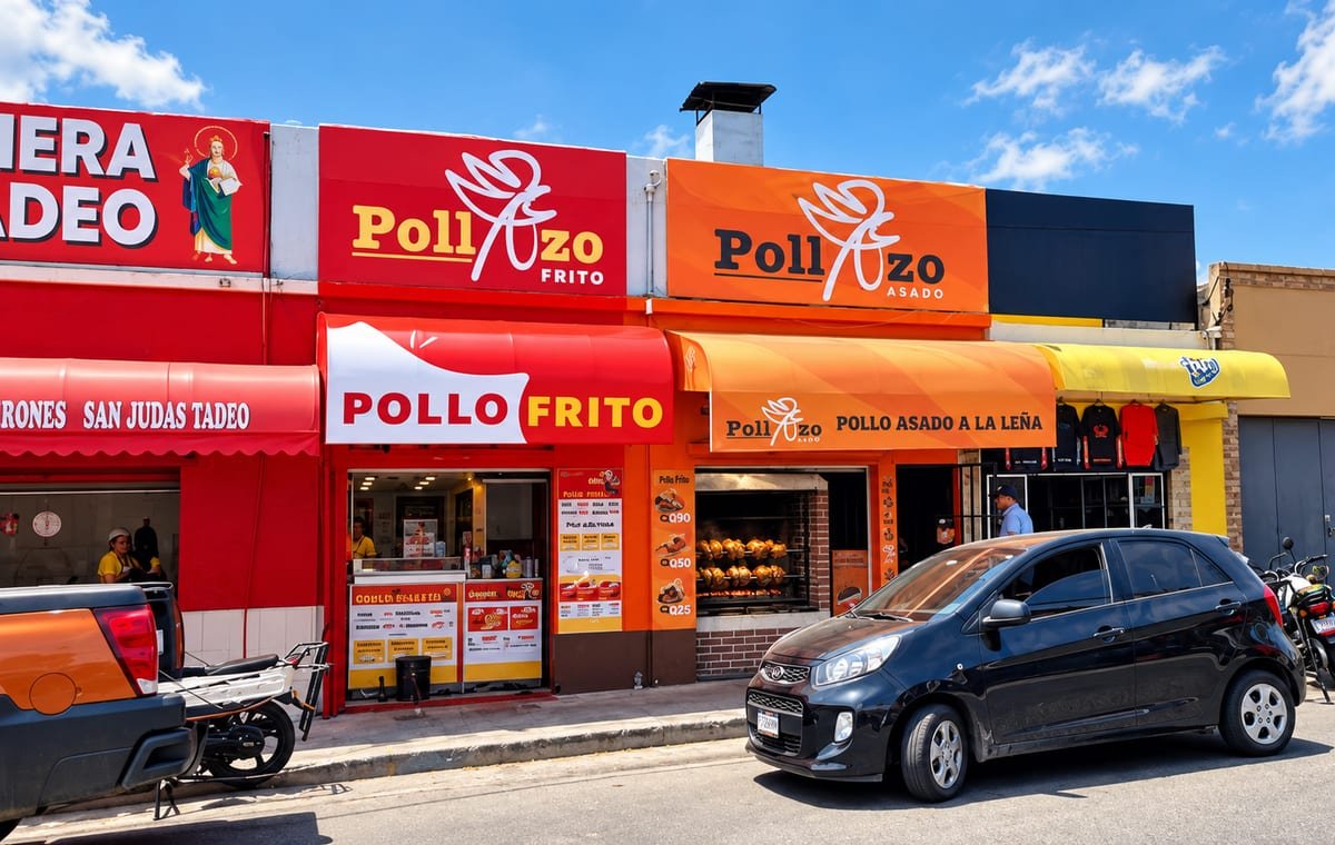 Fachada comercial Pollazo en esquina estratégica