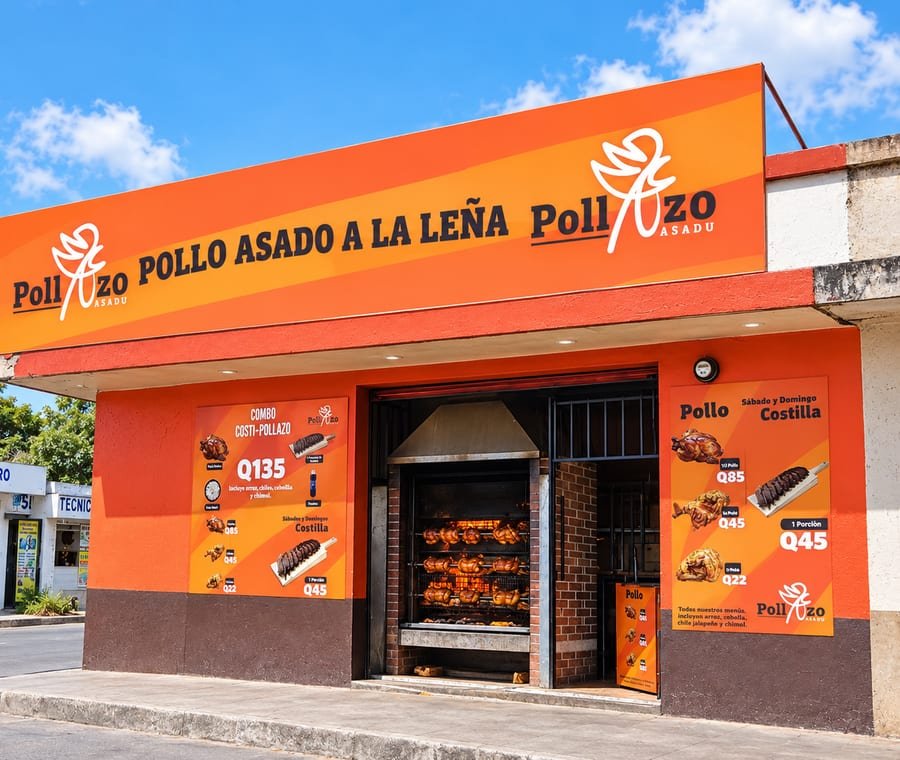 Punto de venta con asador a la leña y menú visible