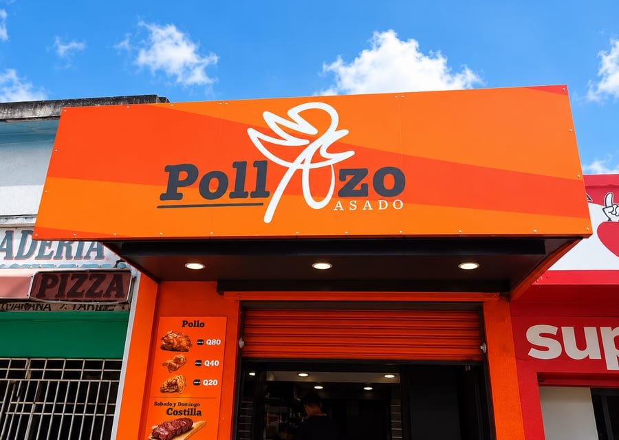 Local Pollazo en avenida comercial con rótulo vibrante